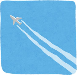 青空の中を飛ぶ飛行機から真っ直ぐに伸びる二本の飛行機雲